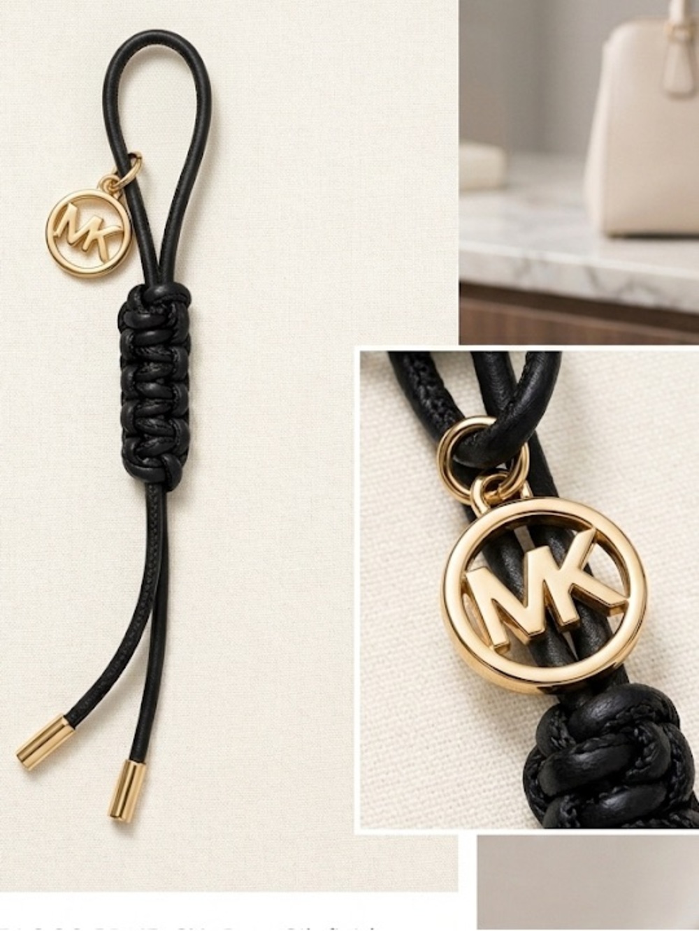 ✨Michael Kors- Black Leather Braid Key Charm with Gold MK Logo!